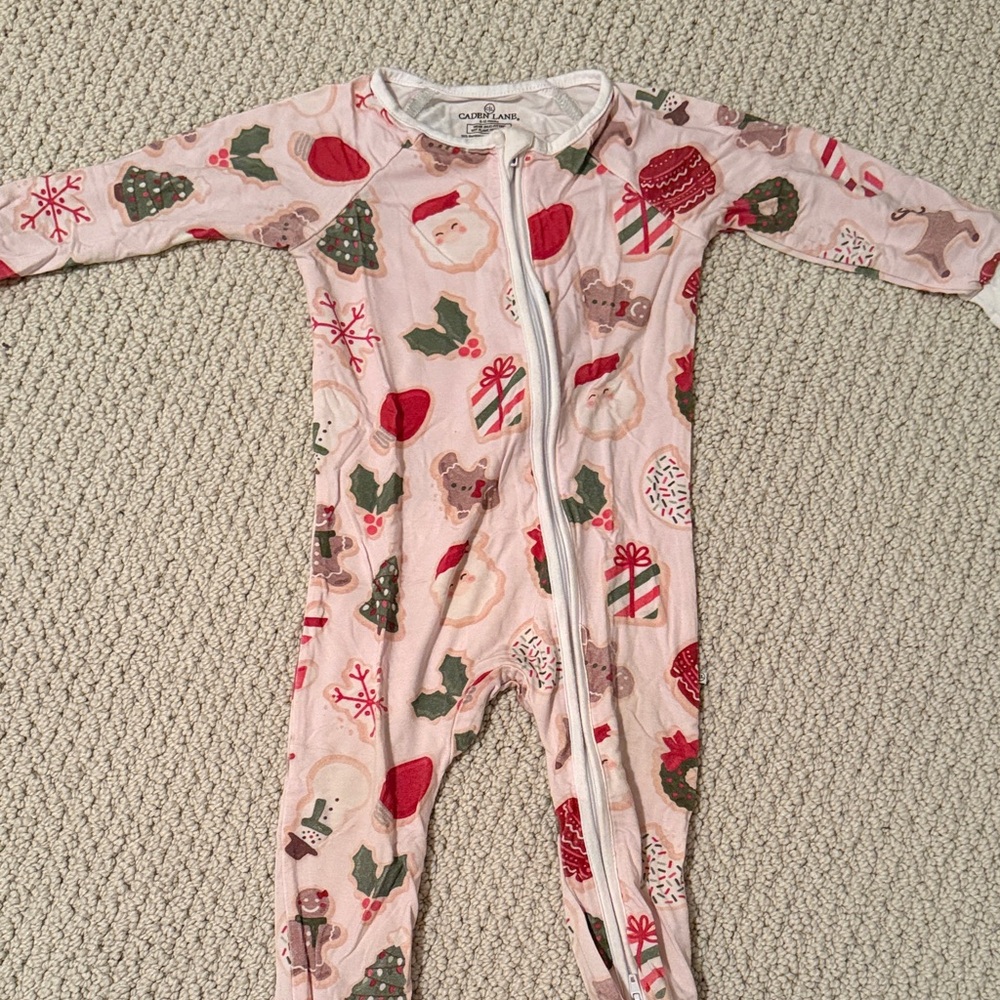 Caden Lane Light Pink Holiday Print Zip One-Piece Footie Christmas